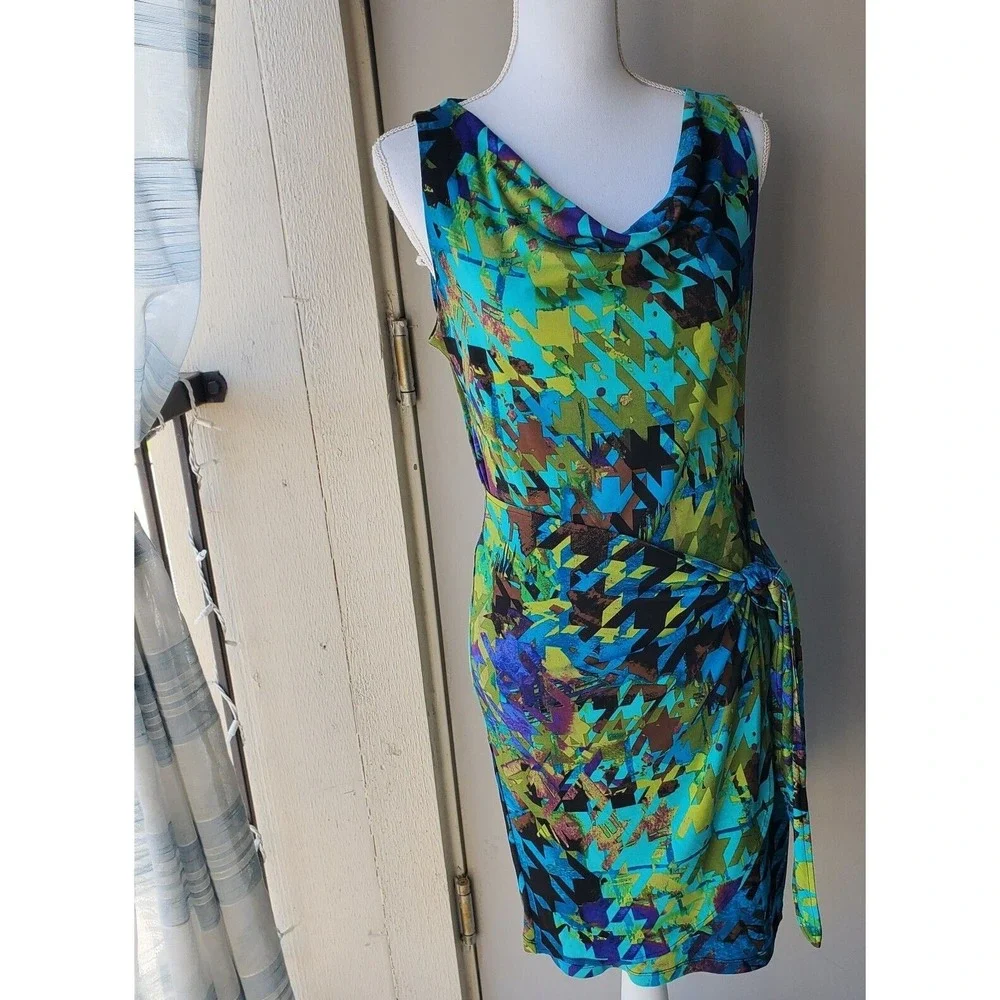 ABS Silver Label Midi Dress Women Small Green Blue Elegant Vacation Resortwear - Picture 2 of 11